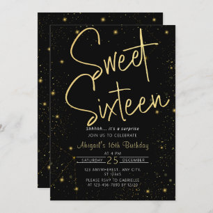 Galaxy Black Gold Sweet 16th Birthday Party Invitation