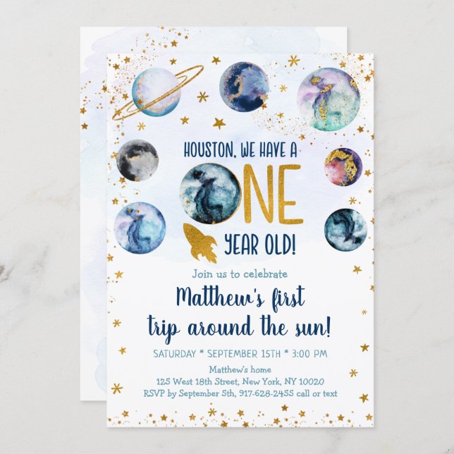 Galaxy Blue Gold First Trip Around The Sun Invitation (Front/Back)
