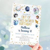 Galaxy Blue Gold Out Of This World Birthday Invitation