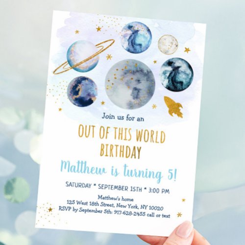 Galaxy Blue Gold Out Of This World Birthday Invitation