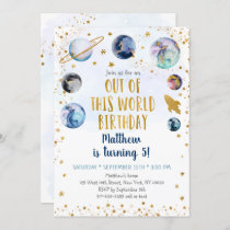 Galaxy Blue Gold Out Of This World Birthday Invitation