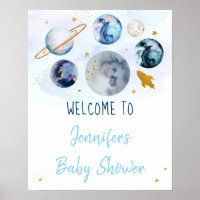 Galaxy Blue Gold Outer Space Baby Shower Welcome Poster