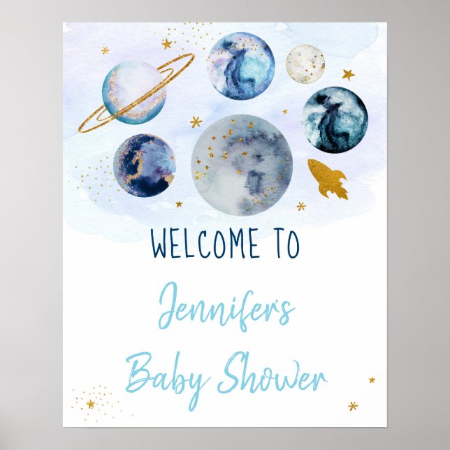 Galaxy Blue Gold Outer Space Baby Shower Welcome Poster (Front)