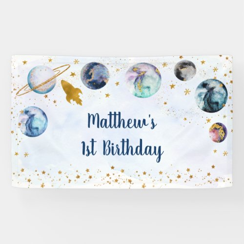 Galaxy Blue Gold Outer Space Birthday Banner