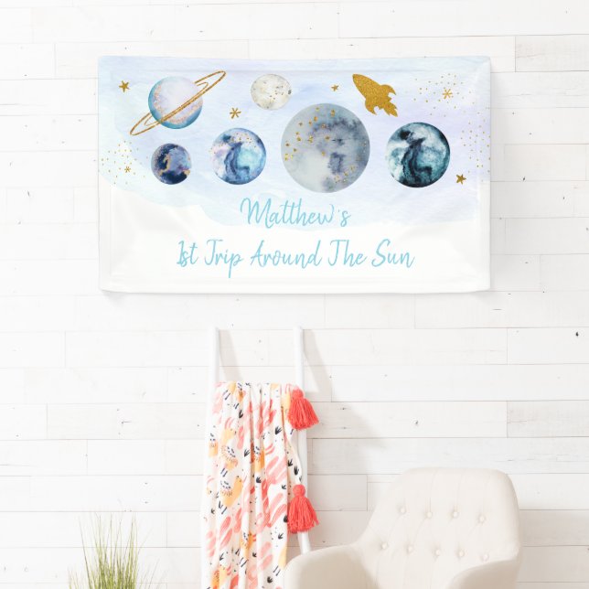 Galaxy Blue Gold Outer Space Birthday Banner (Insitu)