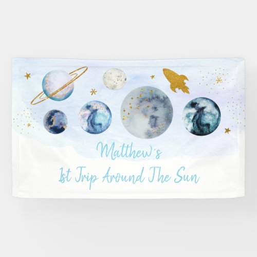 Galaxy Blue Gold Outer Space Birthday Banner