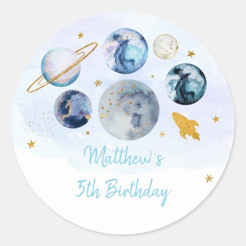 Galaxy Blue Gold Outer Space Birthday Classic Round Sticker