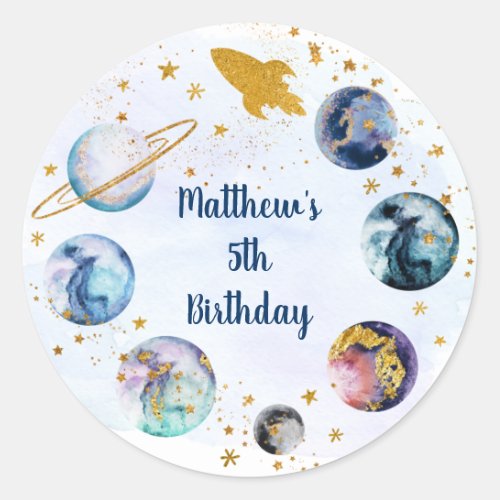 Galaxy Blue Gold Outer Space Birthday Classic Round Sticker