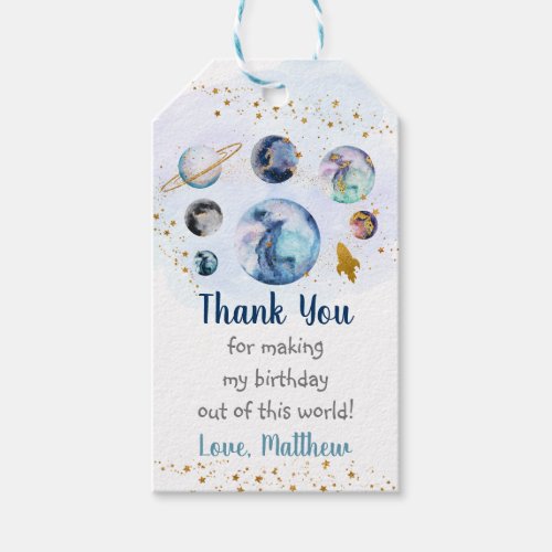 Galaxy Blue Gold Outer Space Birthday Gift Tags