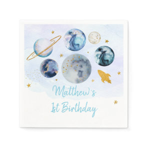 Galaxy Blue Gold Outer Space Birthday Napkins