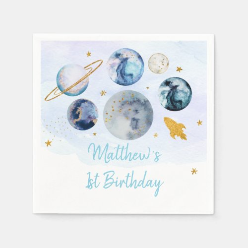 Galaxy Blue Gold Outer Space Birthday Napkins