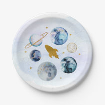 Galaxy Blue Gold Outer Space Birthday Paper Plates