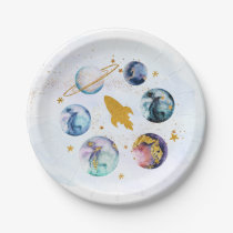 Galaxy Blue Gold Outer Space Birthday Paper Plates