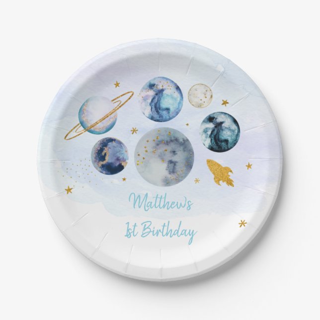 Galaxy Blue Gold Outer Space Birthday Paper Plates (Front)