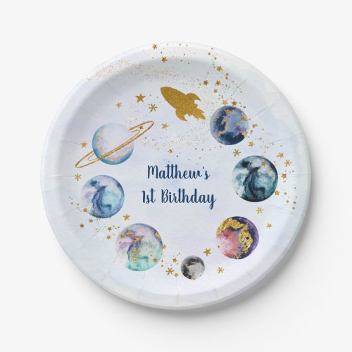 Galaxy Blue Gold Outer Space Birthday Paper Plates