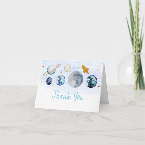 Galaxy Blue Gold Outer Space Birthday Thank You Card