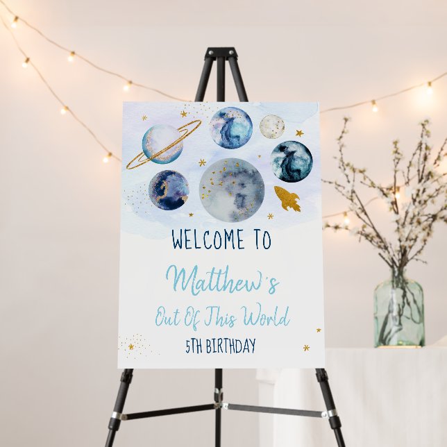 Galaxy Blue Gold Outer Space Birthday Welcome Foam Board (In Situ (Stand))