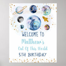 Galaxy Blue Gold Outer Space Birthday Welcome Poster