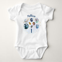 Galaxy Blue Gold Outer Space First Birthday Baby Bodysuit