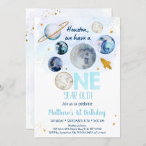 Galaxy Blue Gold Outer Space First Birthday Invitation