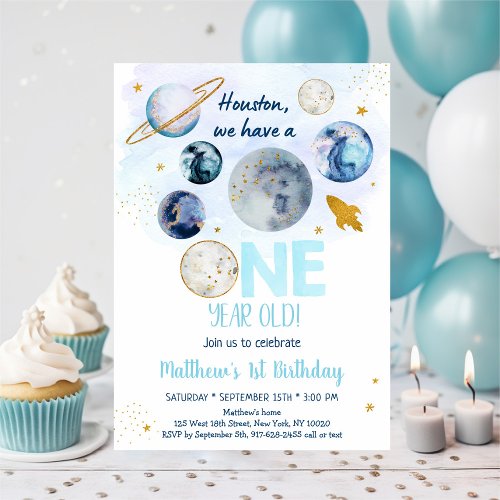 Galaxy Blue Gold Outer Space First Birthday Invitation