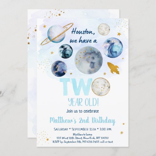 Galaxy Blue Gold Outer Space Second Birthday Invitation