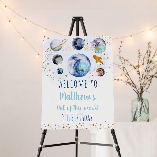 Galaxy Blue Gold Space Birthday Welcome Foam Board (In Situ (Stand))