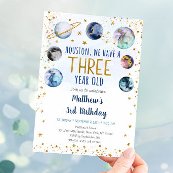 Galaxy Blue Gold Space Third Birthday Invitation by LittlePrintsParties at Zazzle