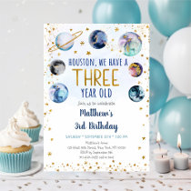 Galaxy Blue Gold Space Third Birthday Invitation