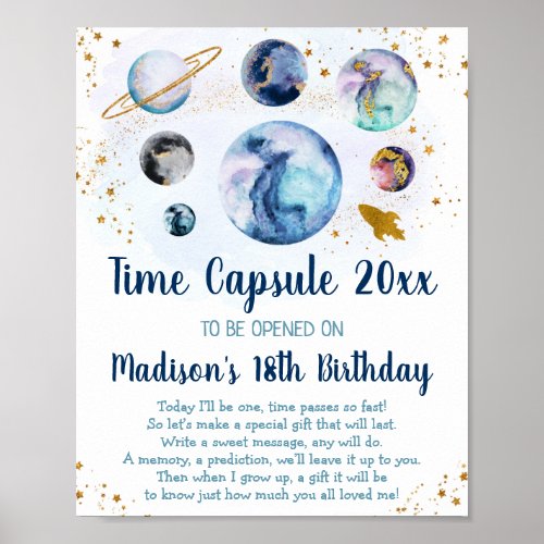 Galaxy Blue Gold Space Time Capsule 1st Birthday Poster