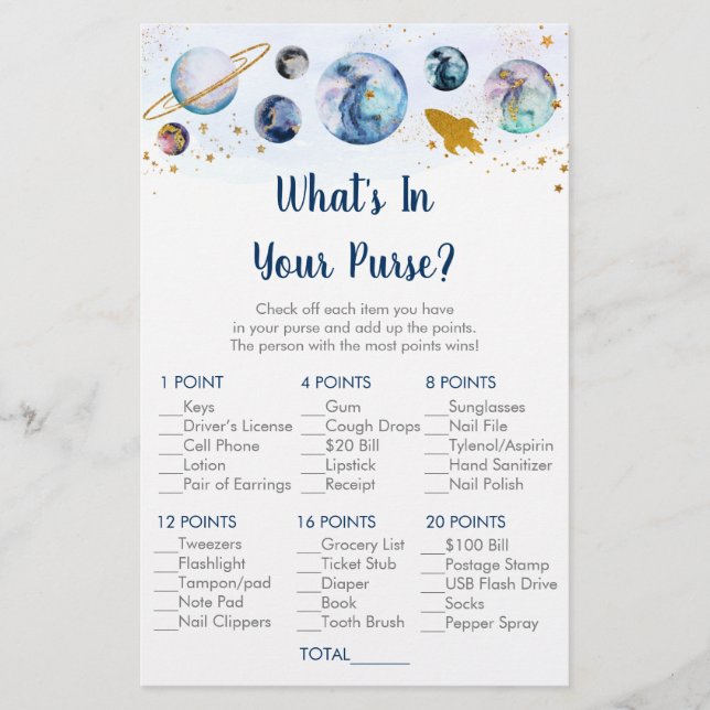 Galaxy Blue Gold Space What's In Your Purse Game (Front)