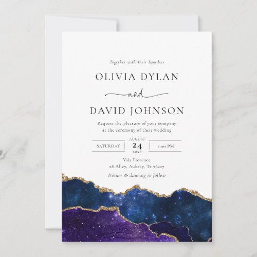 Galaxy Blue Purple Gold Agate Wedding Invitation