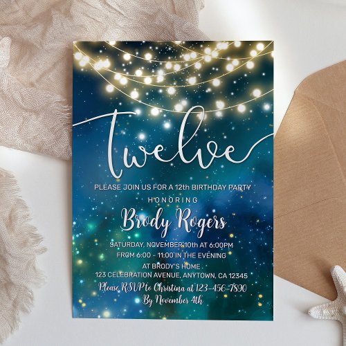 Galaxy Blue Stars String Lights Boys 12th Birthday Invitation