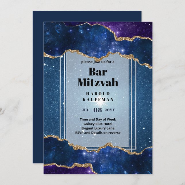GALAXY Boys BAR MITVAH AGATE Blue Invitation (Front/Back)