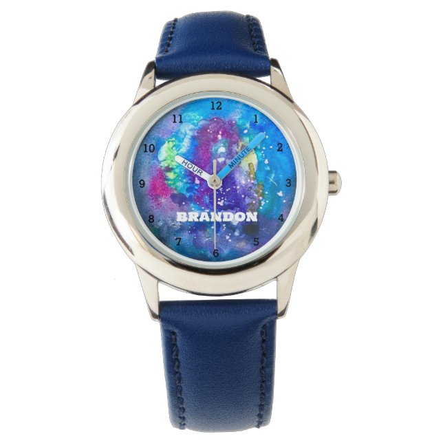 Galaxy Boys Cool Blue Stylish Custom Name Kids Watch (Front)