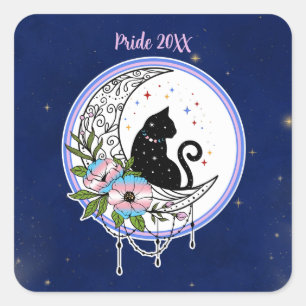 Galaxy Cat and Flowers in Transgender Flag Colors Square Sticker