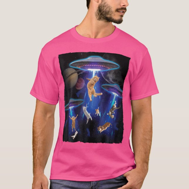 Galaxy Cat Funny Cat Ufo Abduction T-Shirt (Front)