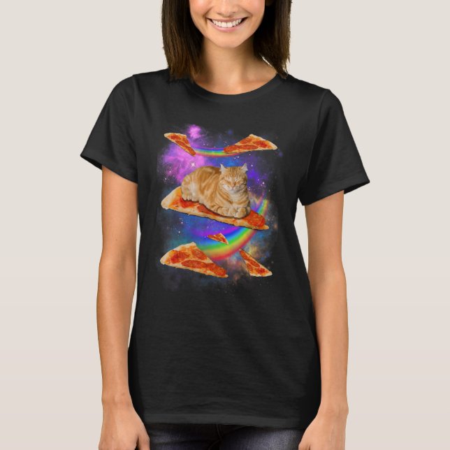 Galaxy Cat In Space Cat Riding Pizza T-Shirt (Front)