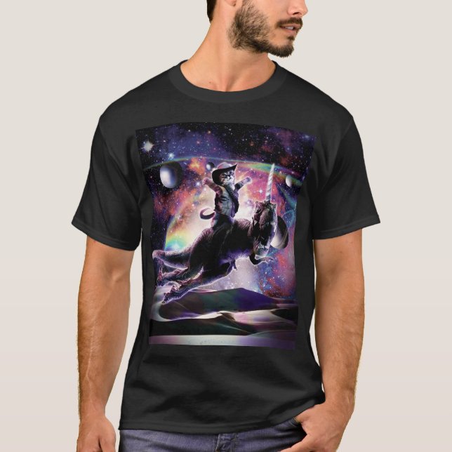 Galaxy Cat On Dinosaur Unicorn In Space T-Shirt (Front)