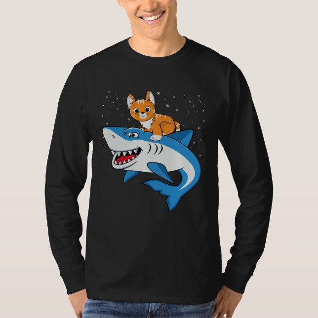 Galaxy Cat Riding Shark For Cat Astronaut Cat T-Shirt (Front)