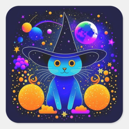 Galaxy Cat Witch Halloween Square Sticker