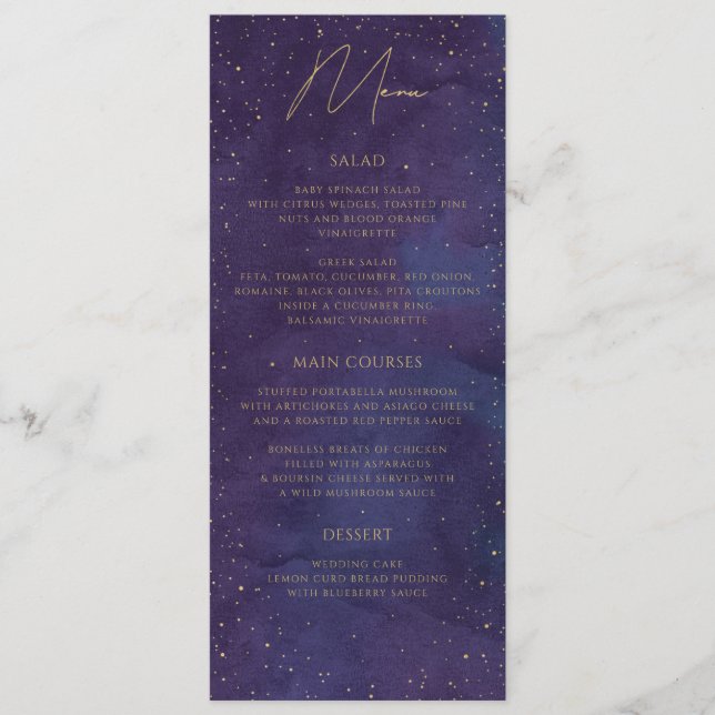 Galaxy Celestial Starry Night Purple Gold Wedding Menu (Front)