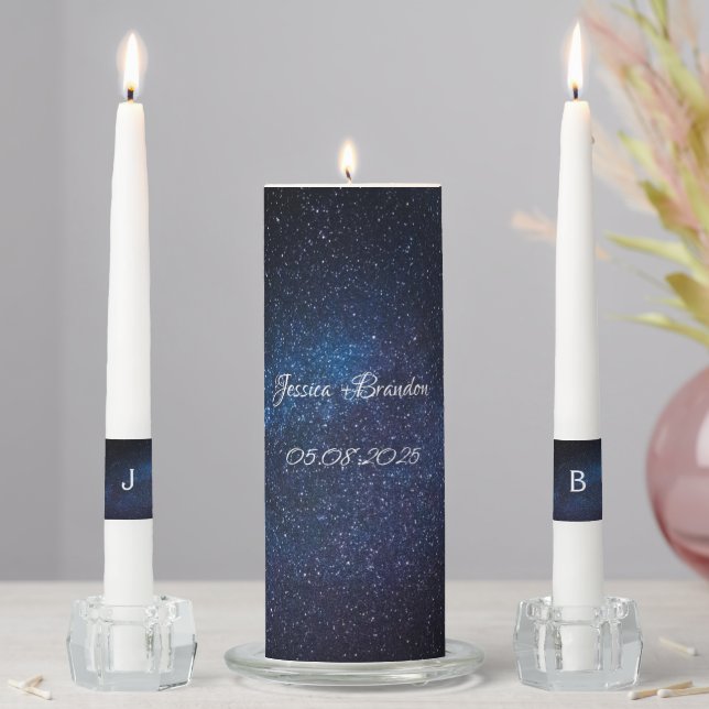 Galaxy Celestial Stars Universe Space Navy Blue Unity Candle Set (In Situ)