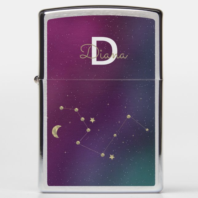 Galaxy Constellation Celestial Moon Purple Name Zippo Lighter (Front)