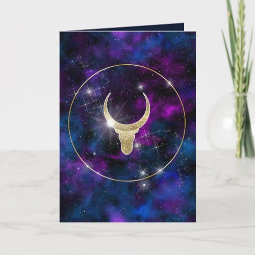 Galaxy cow bull with golden horns Space design Holiday Card