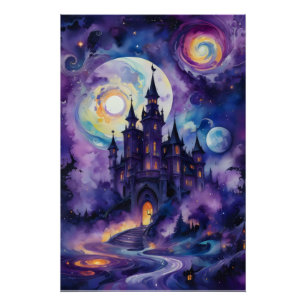 Galaxy Dreams: Mystical Castle in the Purple Sky Poster