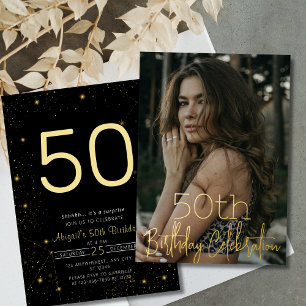 Galaxy Elegant Photo Black Gold Birthday Party Foil Invitation