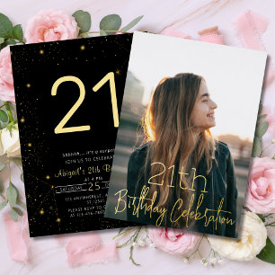 Galaxy Elegant Photo Black Gold Birthday Party Foil Invitation