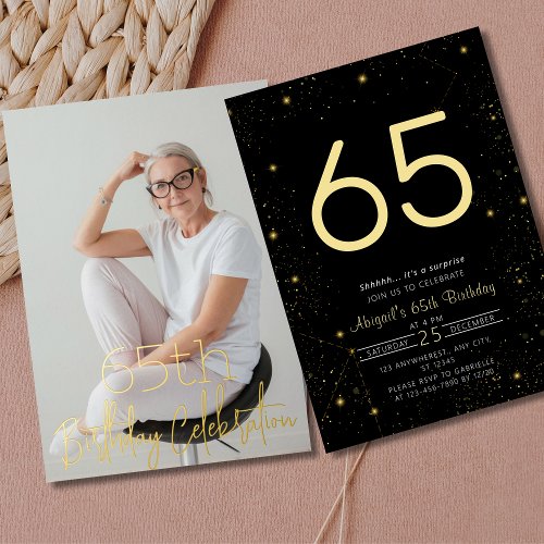 Galaxy Elegant Photo Black Gold Birthday Party Foil Invitation