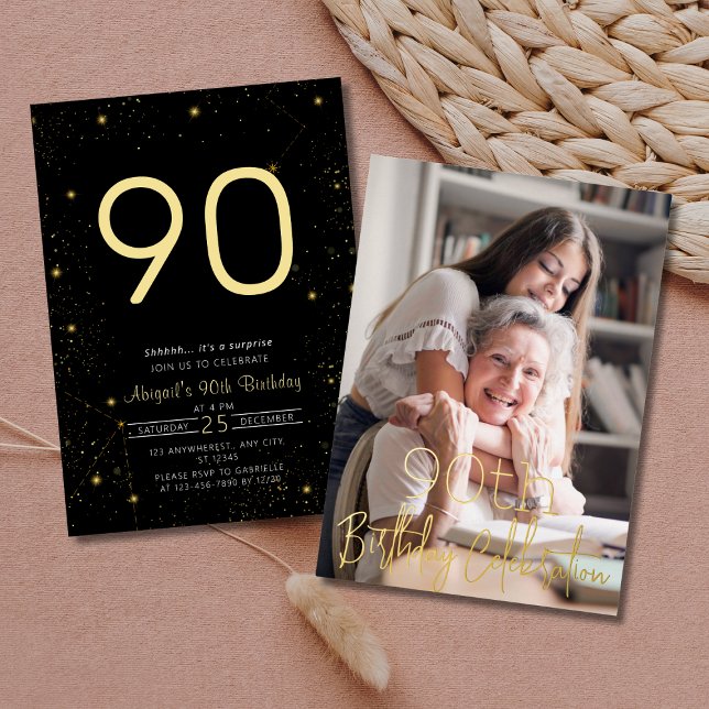 Galaxy Elegant Photo Black Gold Birthday Party Foil Invitation (Creator Uploaded)